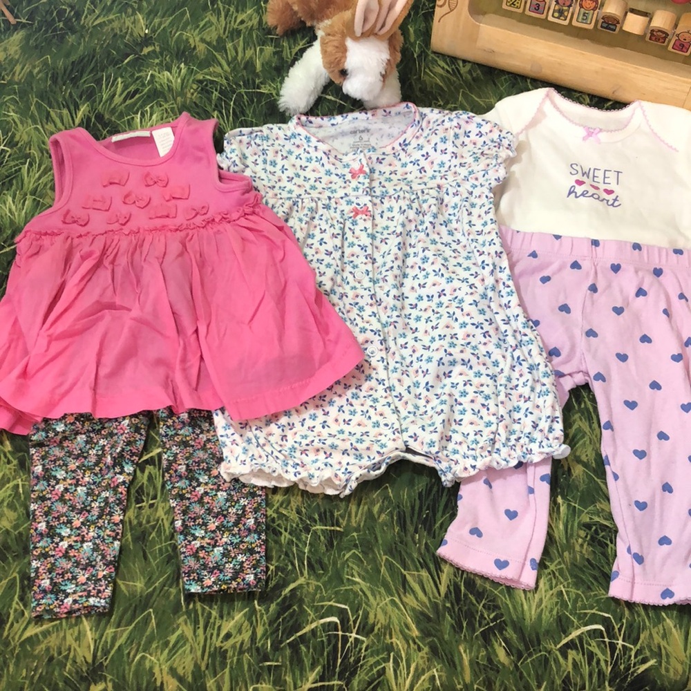 Baby girls shirt, pants and romper outfits 6M
